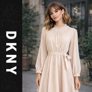 DKNY NWT Cream Swiss Dot Tie Waist Mini Dress Size 6 Long Sleeve High Neck